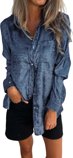 Women Button Down Linen Shirts Solid Color Linen Tops for Women Long Sleeve Loose Fit Vacation Beach Blouse