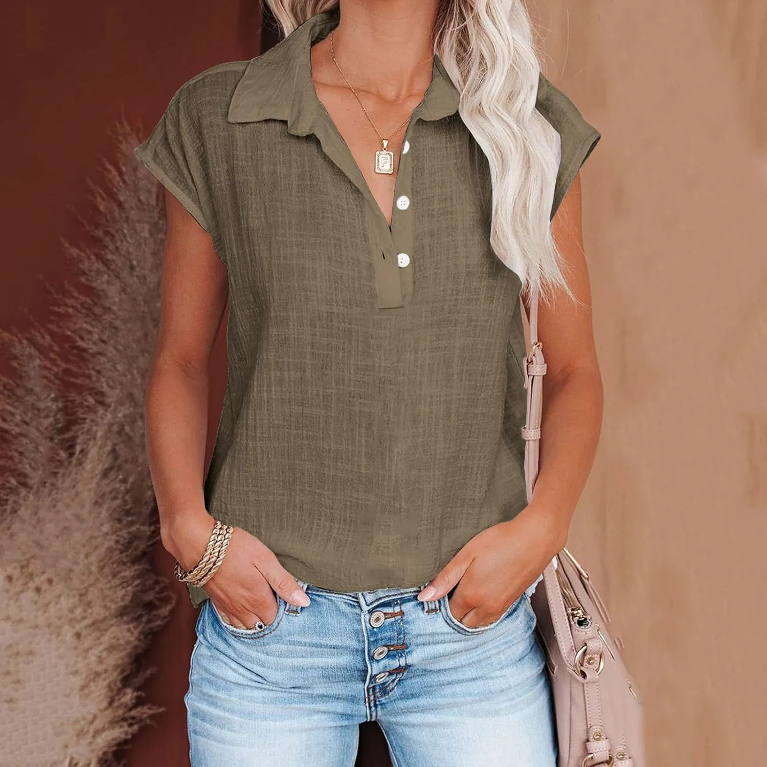 Women Cap Sleeve Button Down Shirts Summer Cotton Work Tees Blouse Lapel Collar Loose Tops Casual Solid T-Shirt
