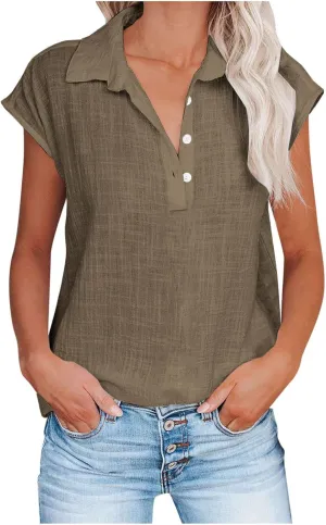 Women Cap Sleeve Button Down Shirts Summer Cotton Work Tees Blouse Lapel Collar Loose Tops Casual Solid T-Shirt