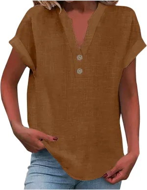 Women Cotton Linen Summer Tops Short Sleeve Loose Fit Blouses V Neck Dressy Casual Tunic Boho Resort Wear Clothing