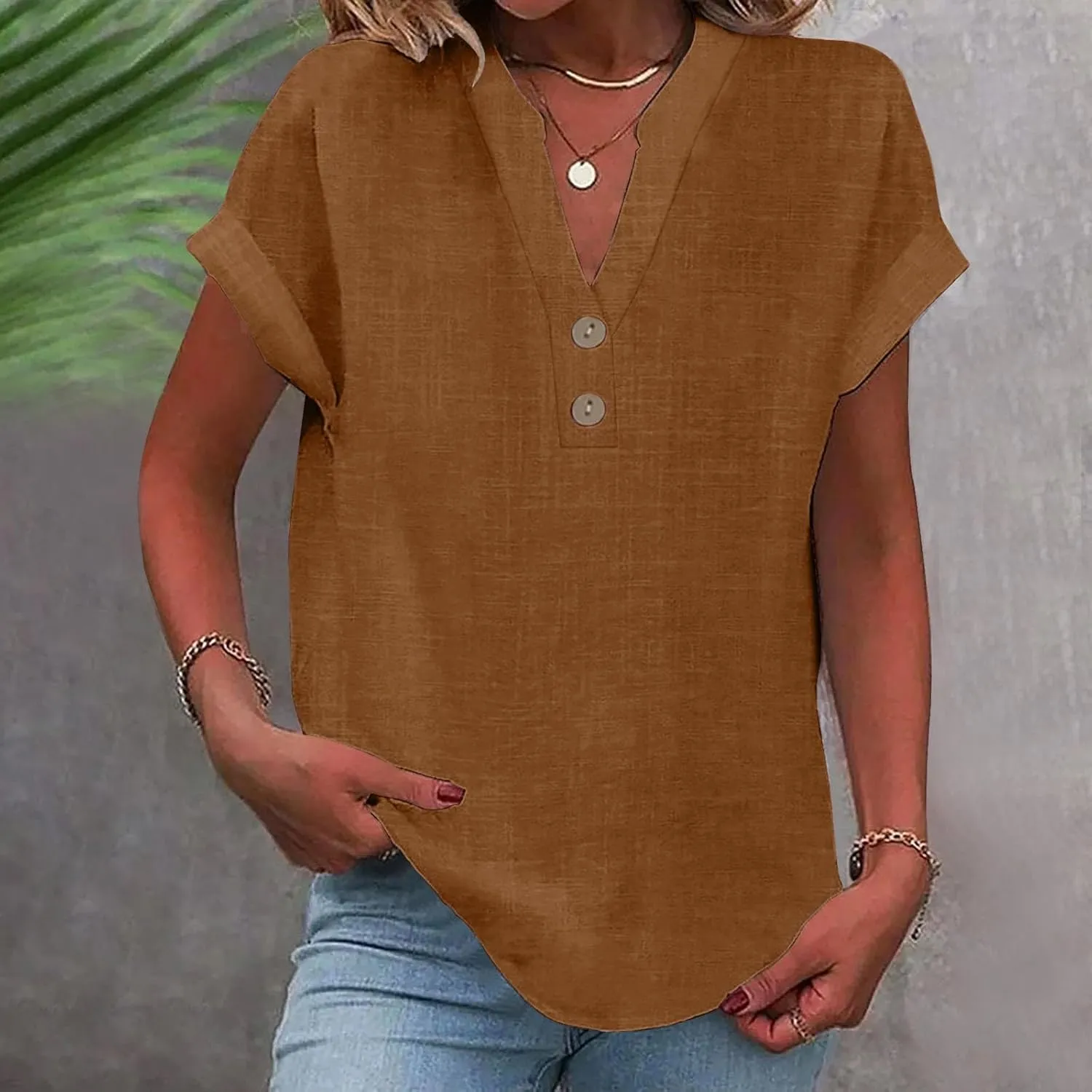 Women Cotton Linen Summer Tops Short Sleeve Loose Fit Blouses V Neck Dressy Casual Tunic Boho Resort Wear Clothing