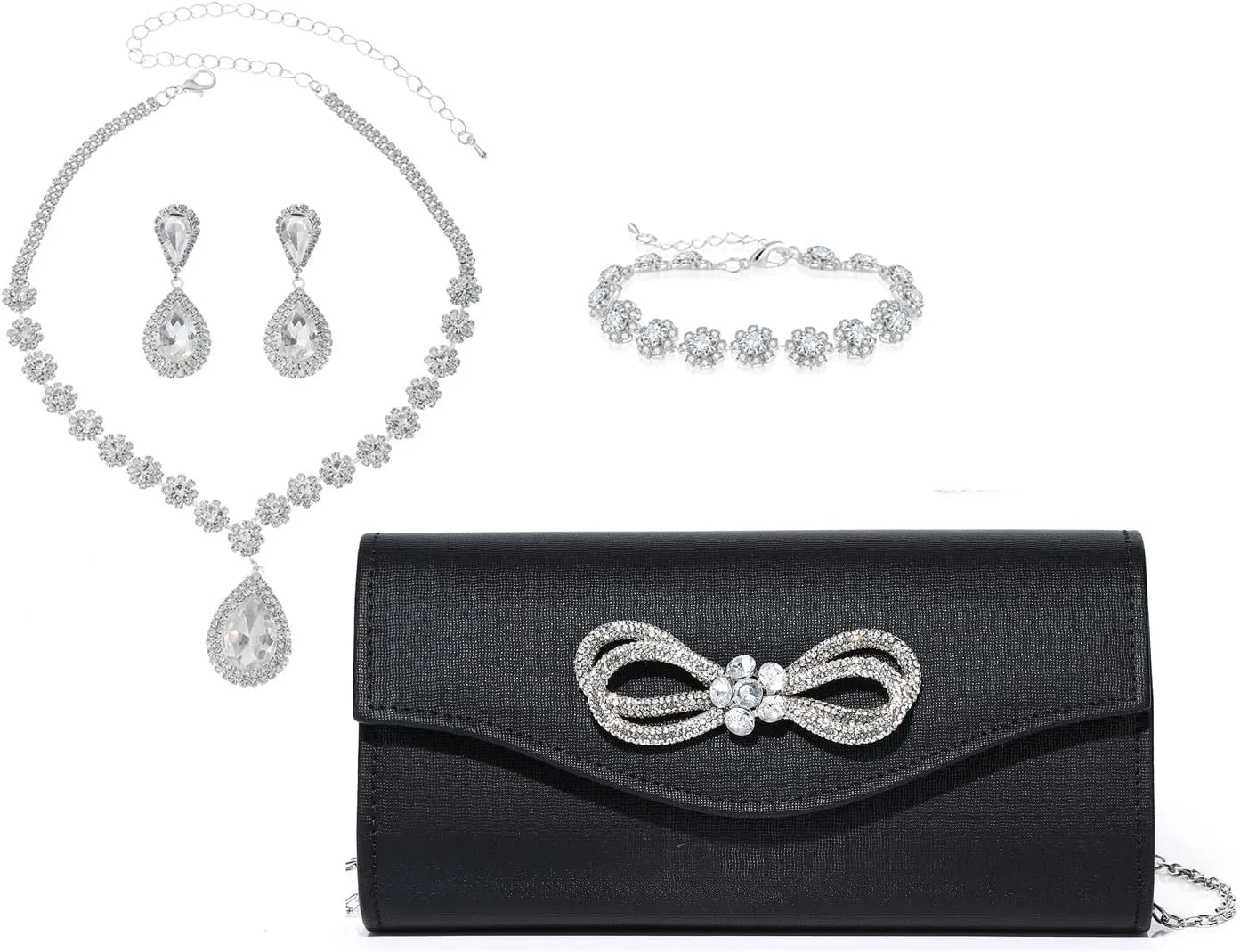 Women Diamond Bow Evening Bag Rhinestone Clutch Purse Rhinestone Clutch Purse and Wedding Jewelry Sets
