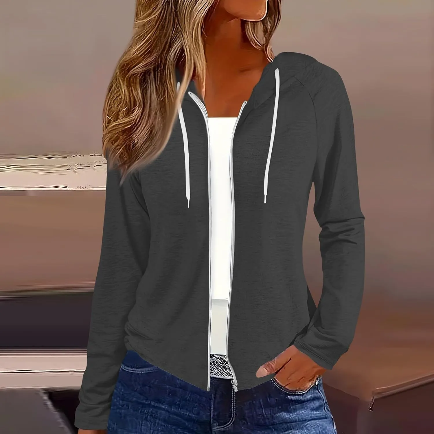 Women Fall Winter Oversized Long Sleeve Hoodie Coats Full Zip Up Crew Neck Trendy Casual Sweatshirt Jackets Tops