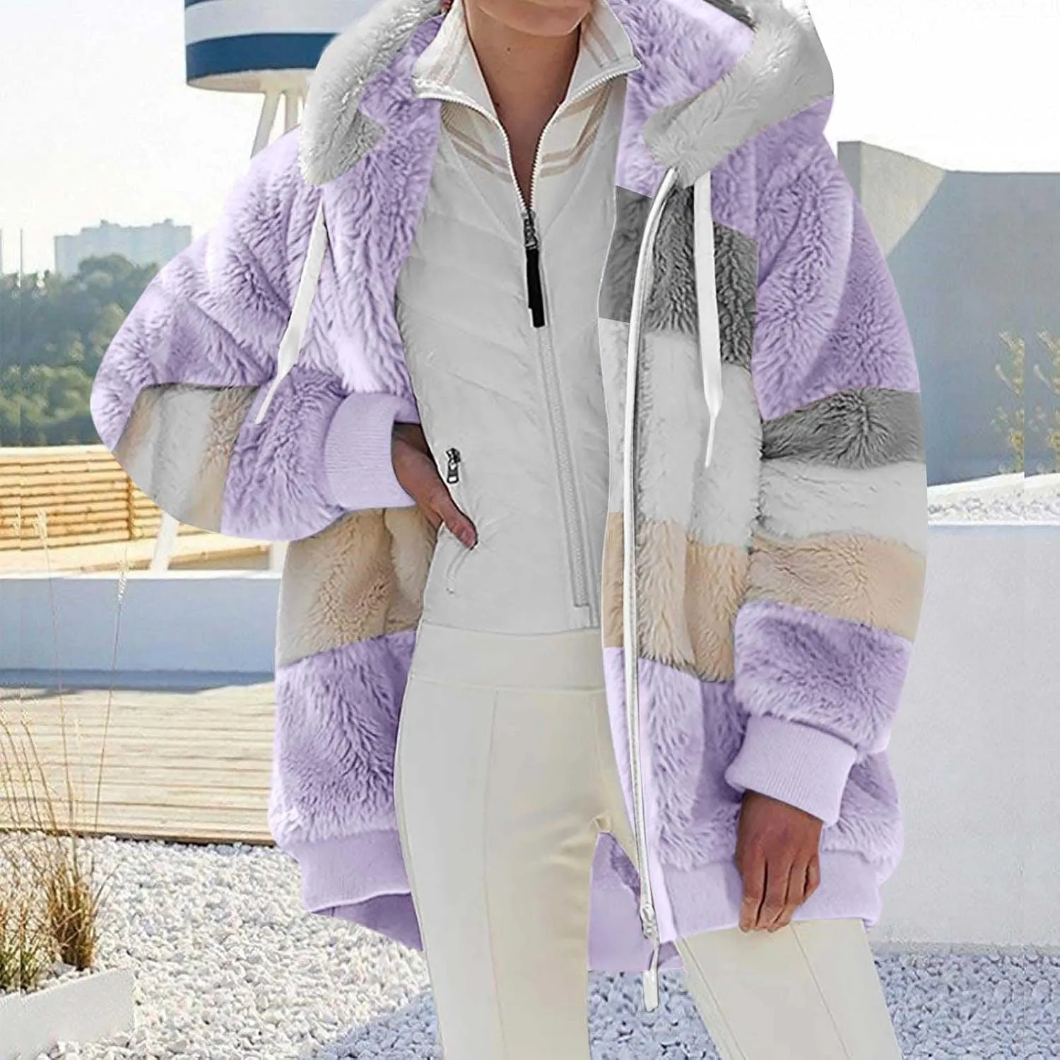 Women Faux Fur Zip Up Hoodies Sherpa Lined Winter Jackets Warm Plush Coat Oversized Fleece Warm Hoodie Outwear