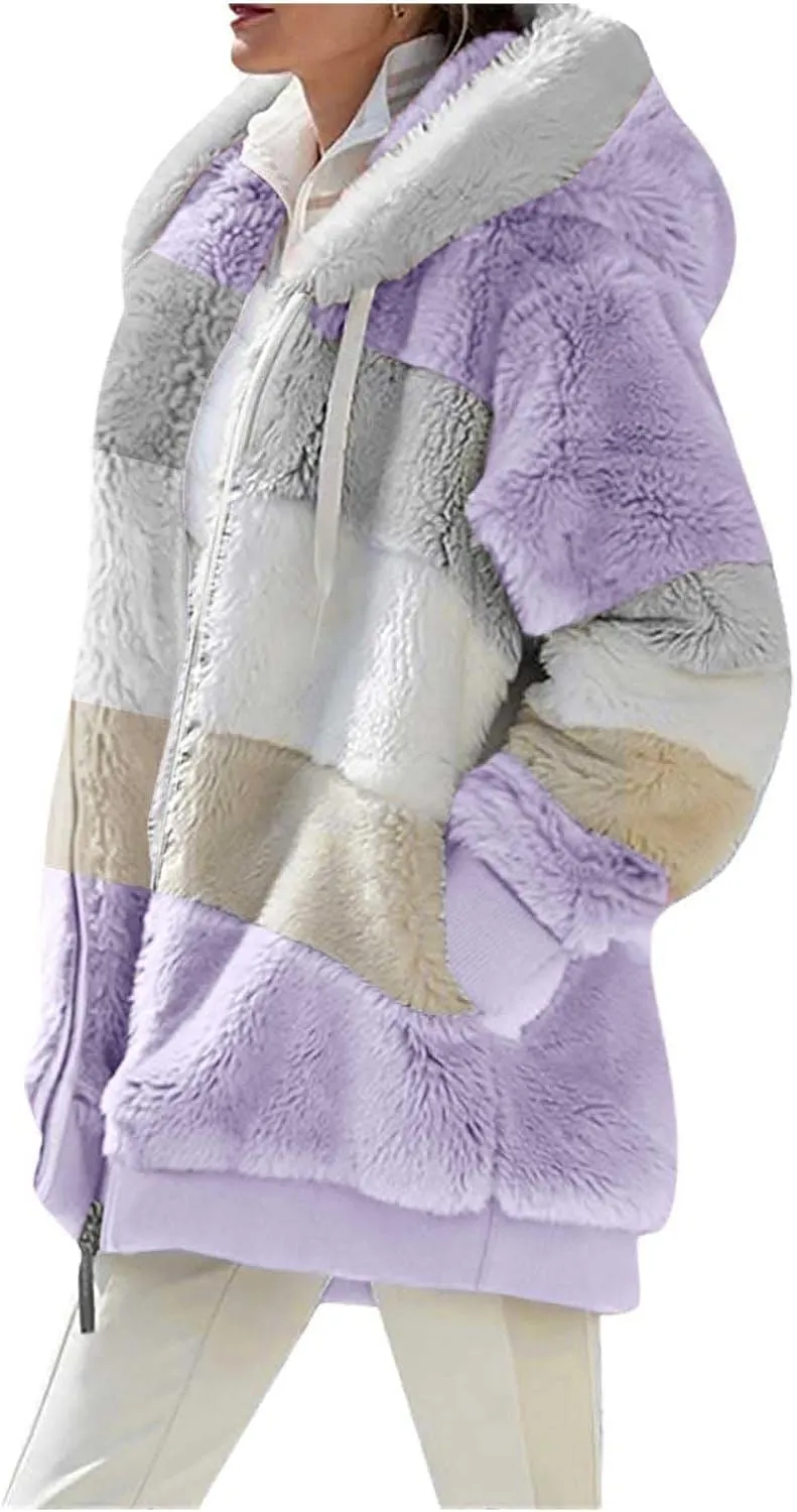 Women Faux Fur Zip Up Hoodies Sherpa Lined Winter Jackets Warm Plush Coat Oversized Fleece Warm Hoodie Outwear