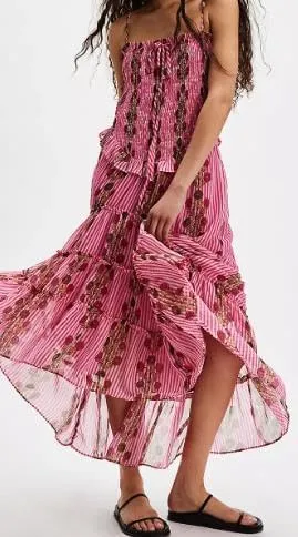 Women Floral Spaghetti Strap Maxi Dress Sleeveless Tiered Ruffle Long Flowy Dresses Backless Holiday Beach Sundress
