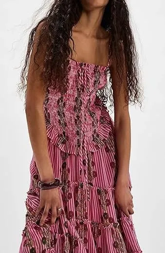 Women Floral Spaghetti Strap Maxi Dress Sleeveless Tiered Ruffle Long Flowy Dresses Backless Holiday Beach Sundress