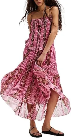 Women Floral Spaghetti Strap Maxi Dress Sleeveless Tiered Ruffle Long Flowy Dresses Backless Holiday Beach Sundress