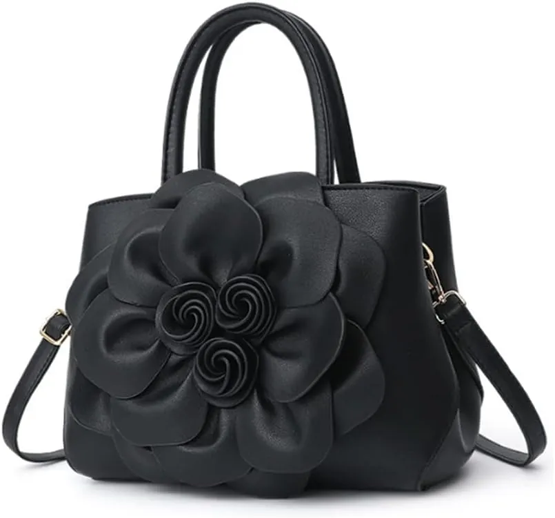 Women Flower Top Handle Handbag Purse PU Leather Satchel Petal Crossbody Shoulder Bag Tote Black