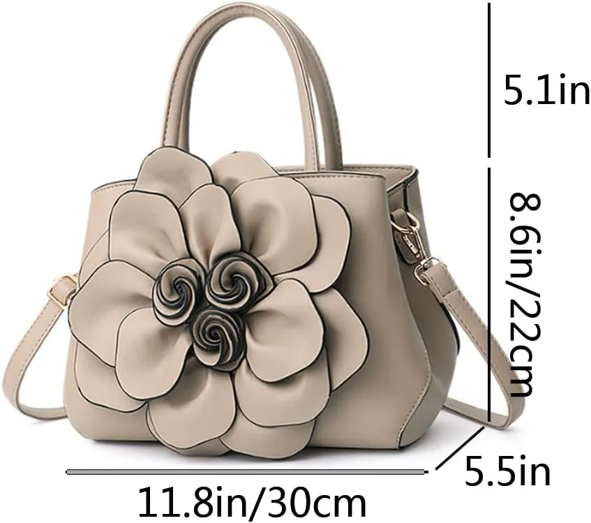 Women Flower Top Handle Handbag Purse PU Leather Satchel Petal Crossbody Shoulder Bag Tote Black