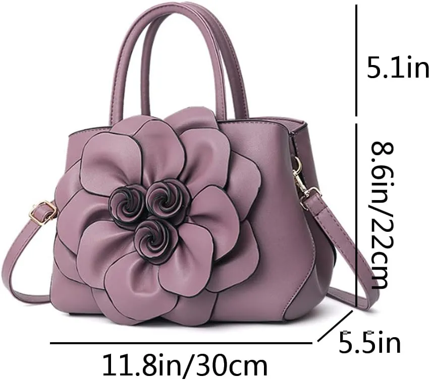 Women Flower Top Handle Handbag Purse PU Leather Satchel Petal Crossbody Shoulder Bag Tote Black