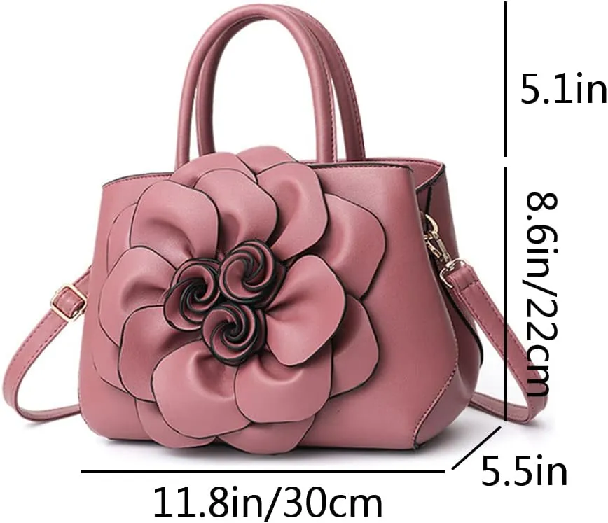 Women Flower Top Handle Handbag Purse PU Leather Satchel Petal Crossbody Shoulder Bag Tote Black