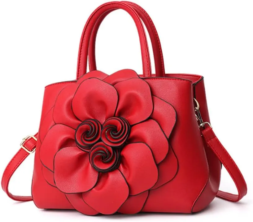 Women Flower Top Handle Handbag Purse PU Leather Satchel Petal Crossbody Shoulder Bag Tote Black
