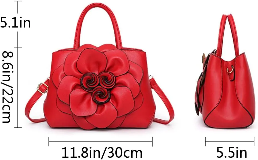 Women Flower Top Handle Handbag Purse PU Leather Satchel Petal Crossbody Shoulder Bag Tote Black