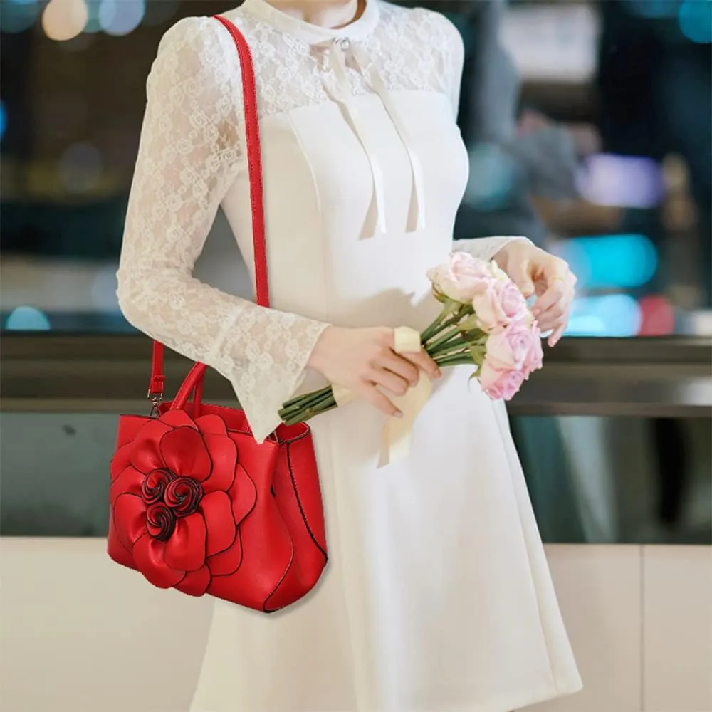 Women Flower Top Handle Handbag Purse PU Leather Satchel Petal Crossbody Shoulder Bag Tote Black