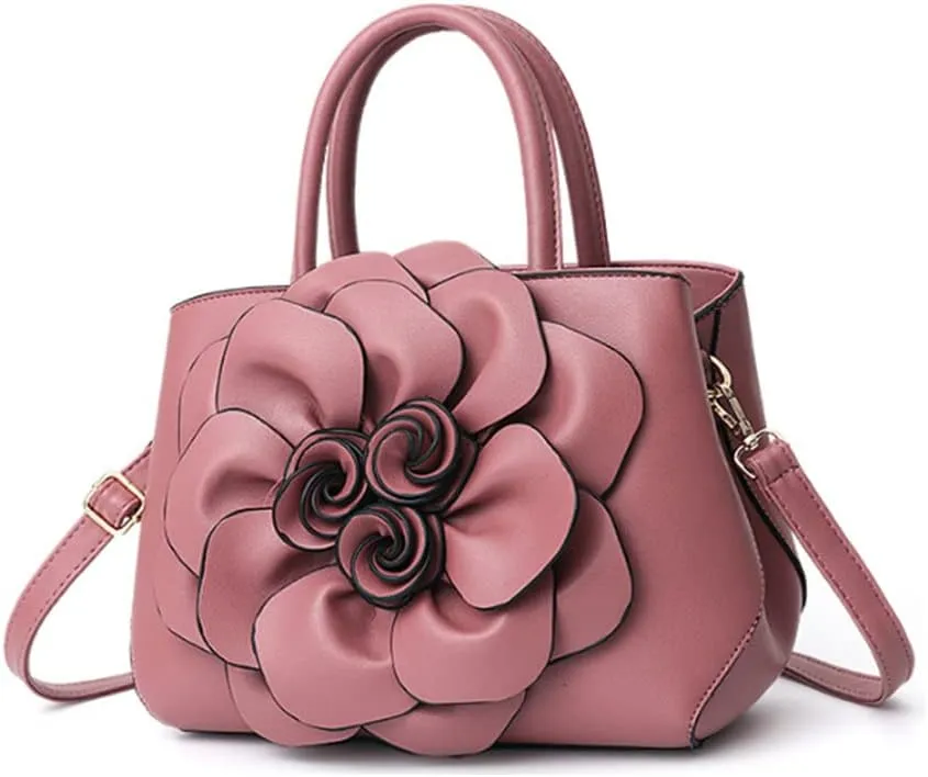 Women Flower Top Handle Handbag Purse PU Leather Satchel Petal Crossbody Shoulder Bag Tote Black