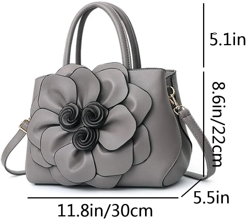 Women Flower Top Handle Handbag Purse PU Leather Satchel Petal Crossbody Shoulder Bag Tote Black