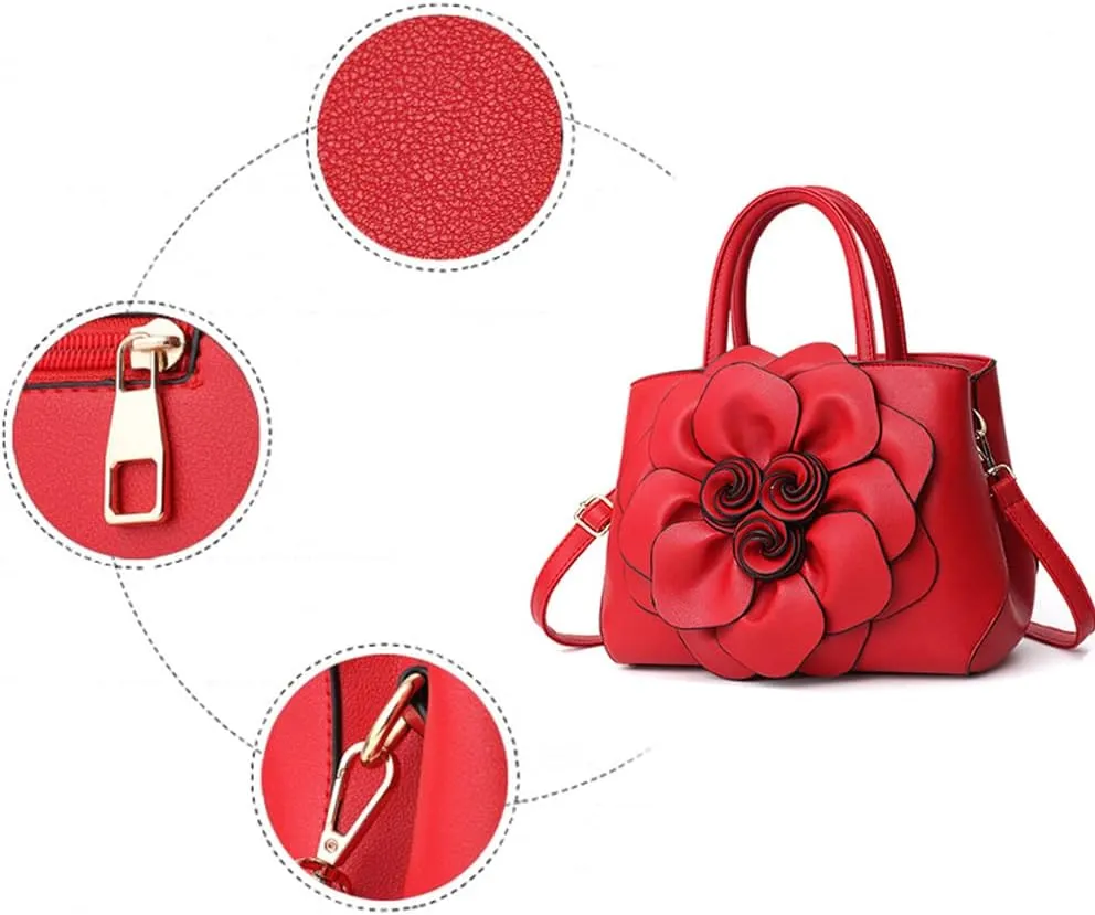 Women Flower Top Handle Handbag Purse PU Leather Satchel Petal Crossbody Shoulder Bag Tote Black