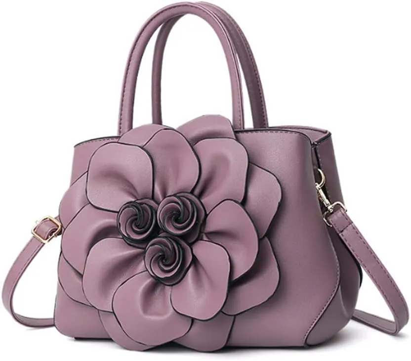 Women Flower Top Handle Handbag Purse PU Leather Satchel Petal Crossbody Shoulder Bag Tote Black