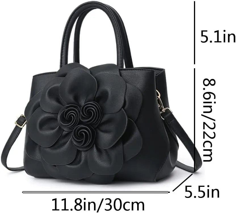 Women Flower Top Handle Handbag Purse PU Leather Satchel Petal Crossbody Shoulder Bag Tote Black