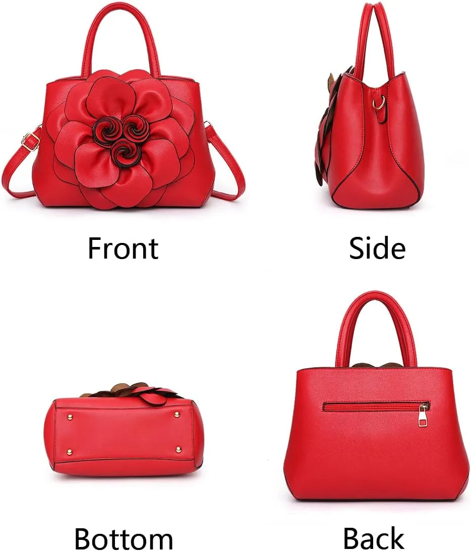 Women Flower Top Handle Handbag Purse PU Leather Satchel Petal Crossbody Shoulder Bag Tote Black