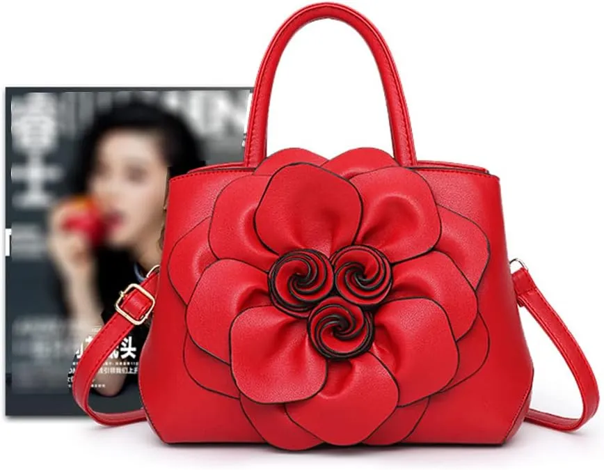 Women Flower Top Handle Handbag Purse PU Leather Satchel Petal Crossbody Shoulder Bag Tote Black