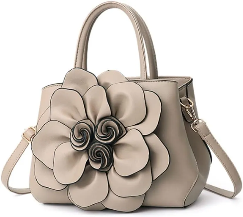 Women Flower Top Handle Handbag Purse PU Leather Satchel Petal Crossbody Shoulder Bag Tote Black