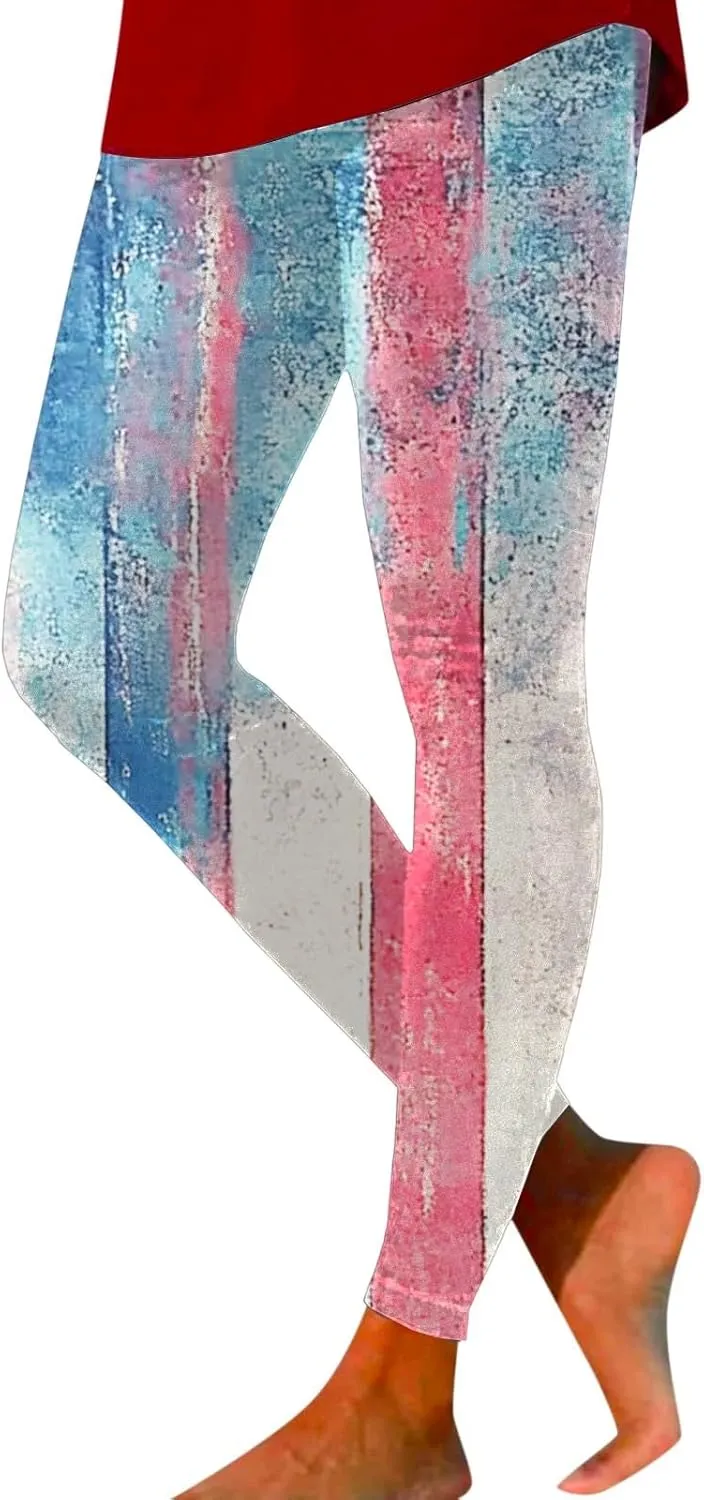 Women High Waist American Flag Leggings Seamless Stretch Yoga Jogging Sports Pants Stripes Patriotic Tights
