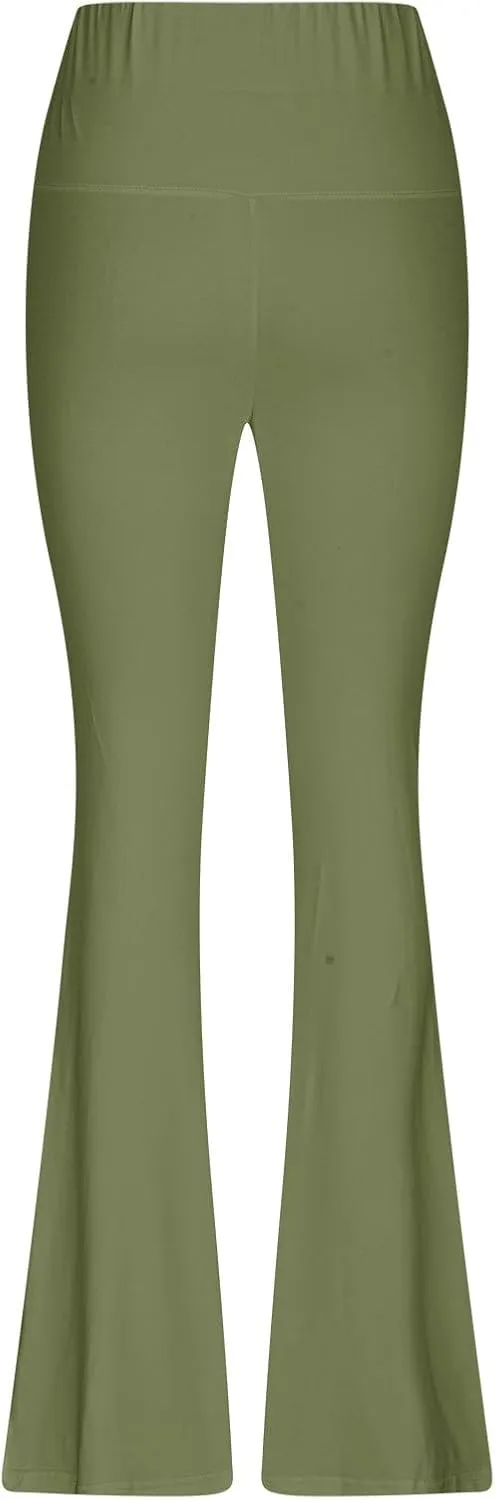 Women High Waist Pants Casual Stretchy Solid Color Sports Trousers Tight Fitting Hip Shaping Flared Pants