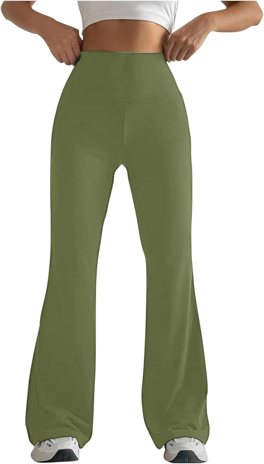 Women High Waist Pants Casual Stretchy Solid Color Sports Trousers Tight Fitting Hip Shaping Flared Pants