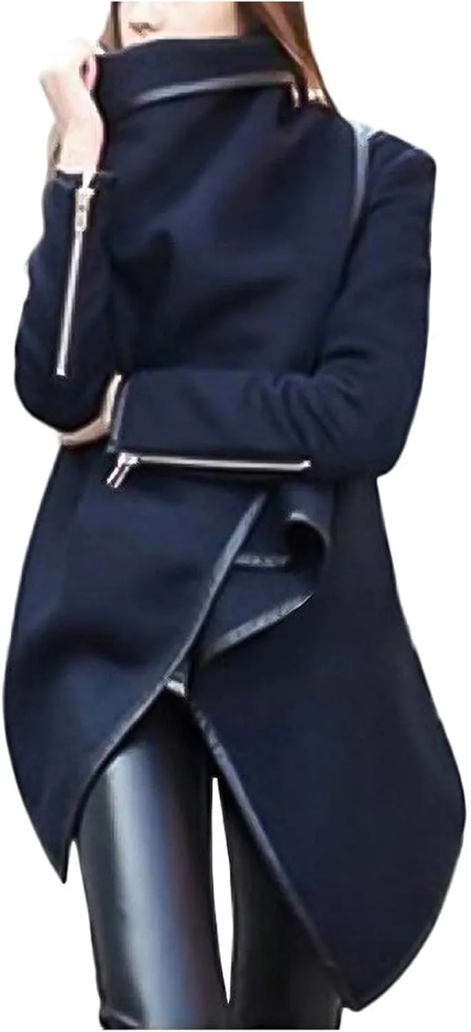 Women Irregular Bow Coat Zippers Long Sleeve Wool Warm Jacket Windbreaker Soft Front Zip Turtleneck Sweatshirt Womens Coat