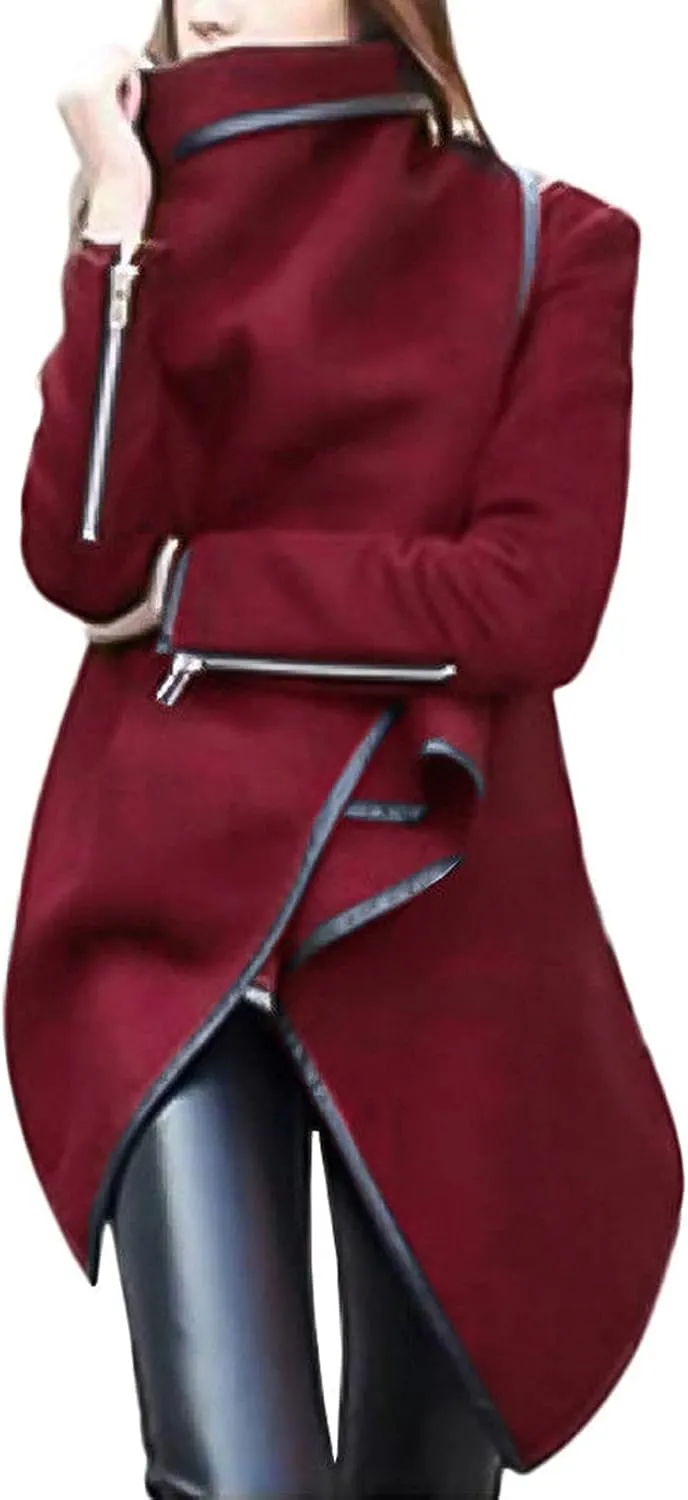 Women Irregular Bow Coat Zippers Long Sleeve Wool Warm Jacket Windbreaker Soft Front Zip Turtleneck Sweatshirt Womens Coat