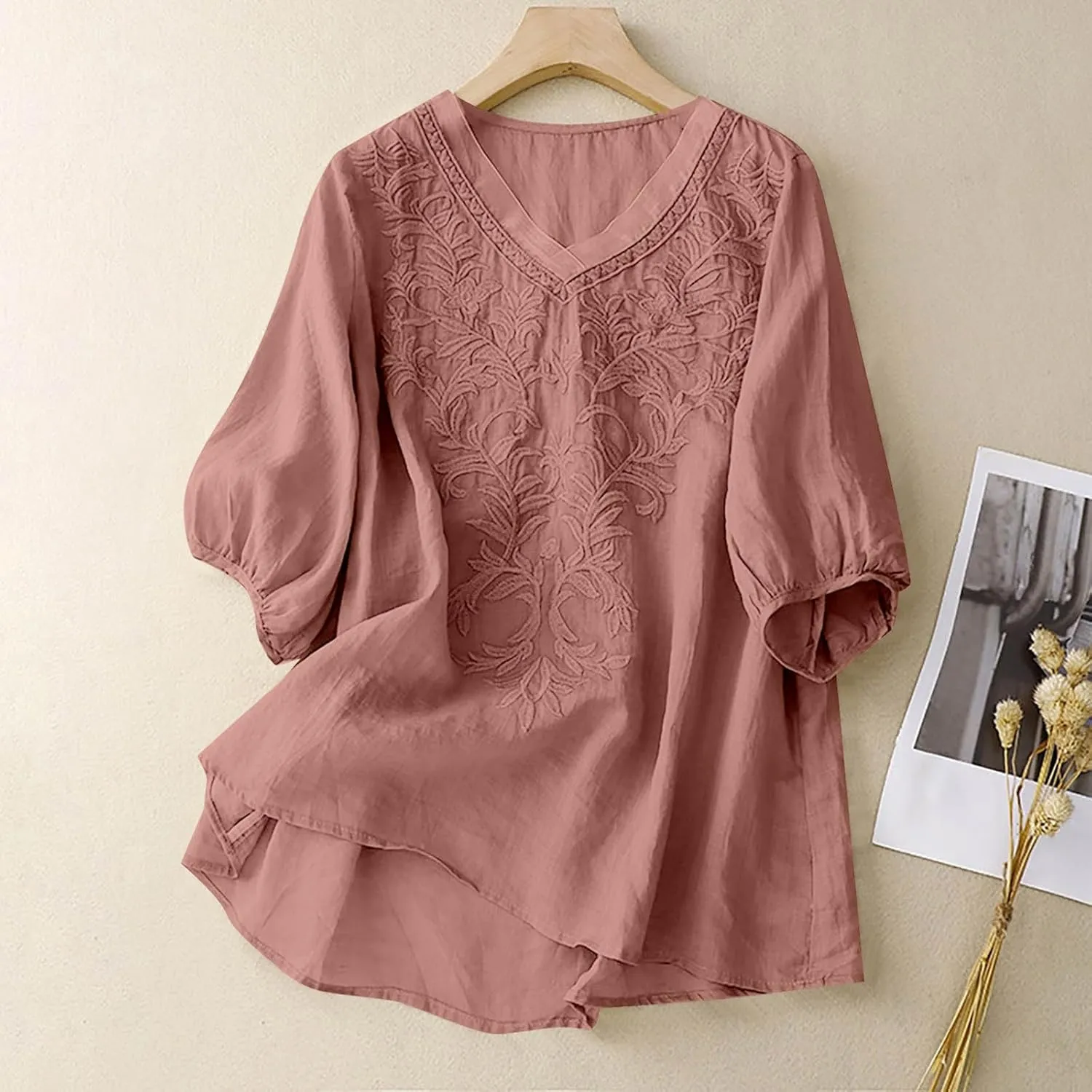 Women Linen Shirts V-Neck Embroidered Blouse Lapel Collar 2025 Fashion Tops Short Sleeve Loose Fit Tunic Tops