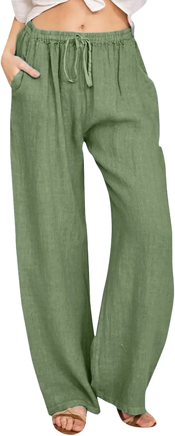 Women Linen Summer Boho Palazzo Lounge Pants Elastic Waisted Ankle Length Plus Size Trouser Work Business