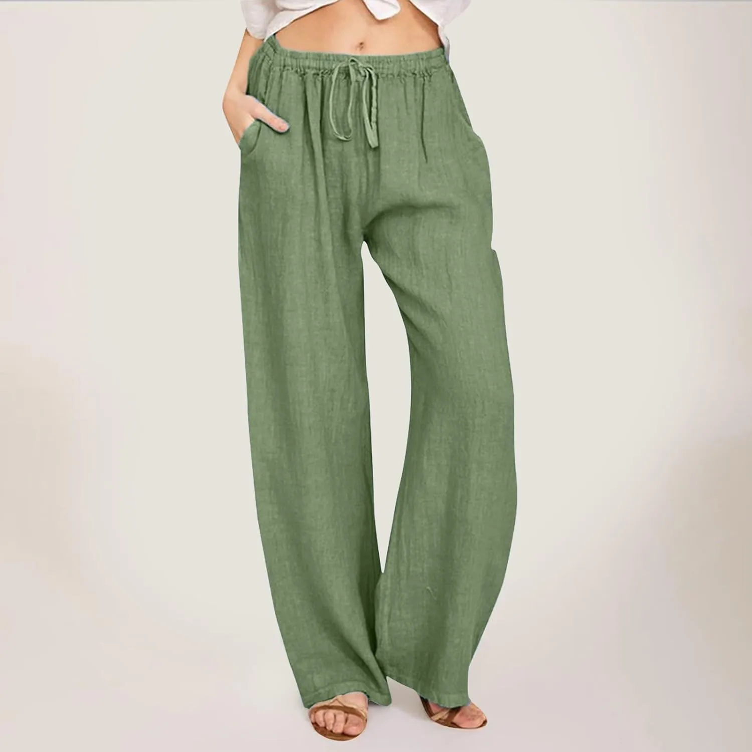 Women Linen Summer Boho Palazzo Lounge Pants Elastic Waisted Ankle Length Plus Size Trouser Work Business