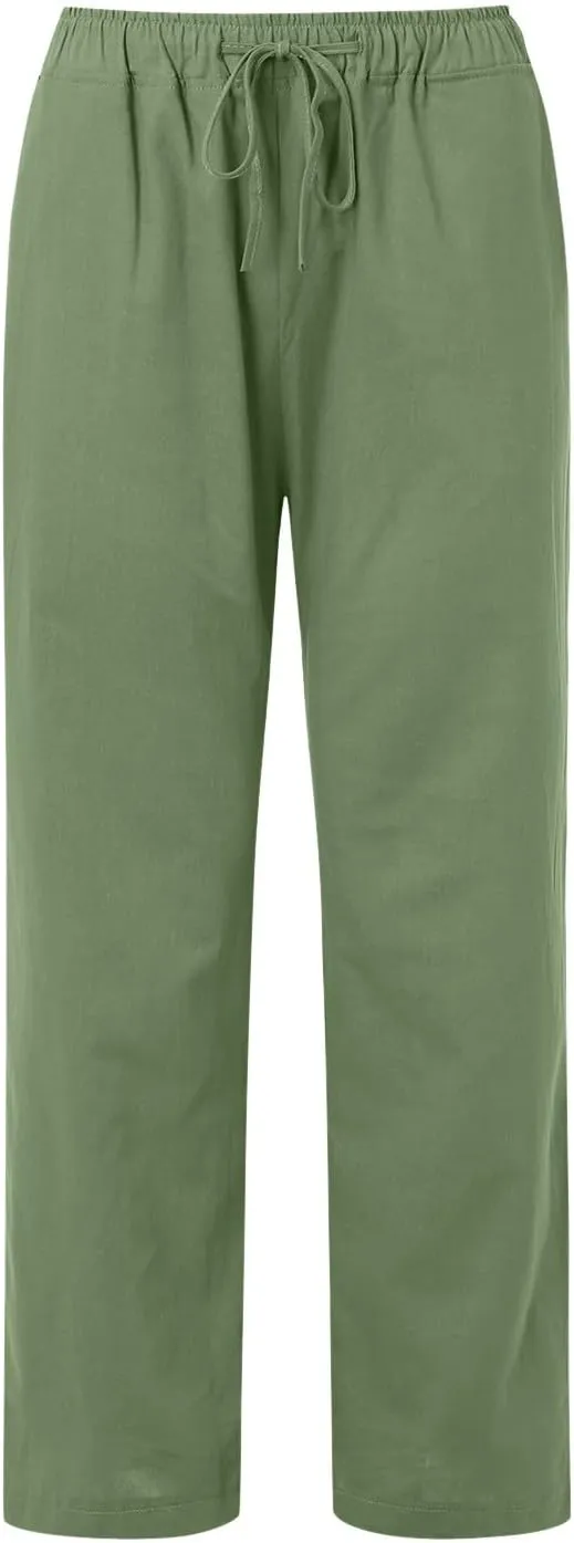 Women Linen Summer Boho Palazzo Lounge Pants Elastic Waisted Ankle Length Plus Size Trouser Work Business