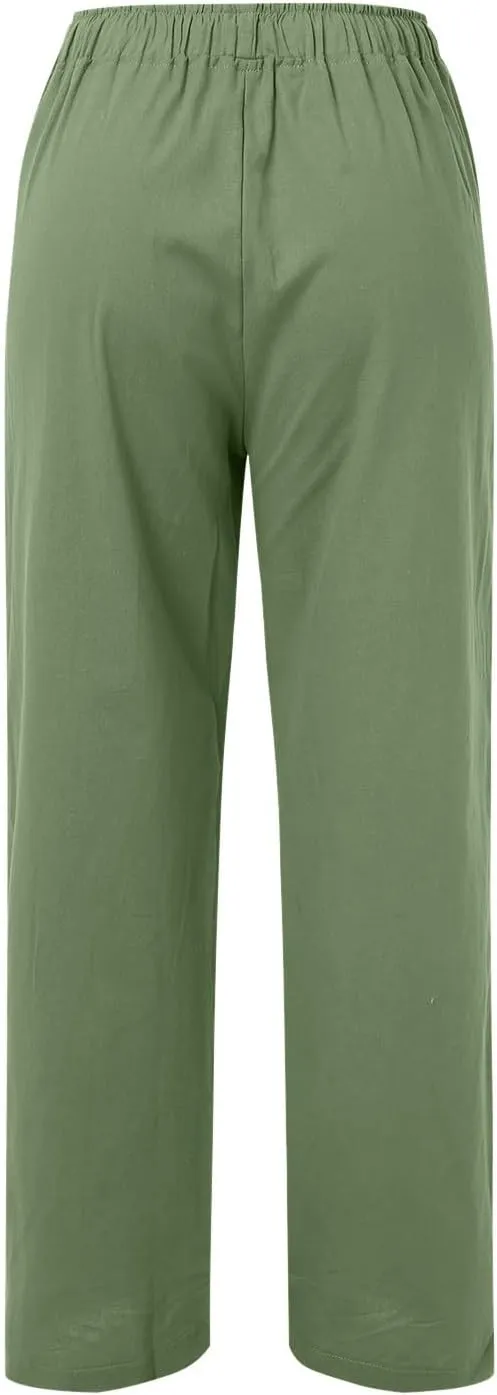 Women Linen Summer Boho Palazzo Lounge Pants Elastic Waisted Ankle Length Plus Size Trouser Work Business