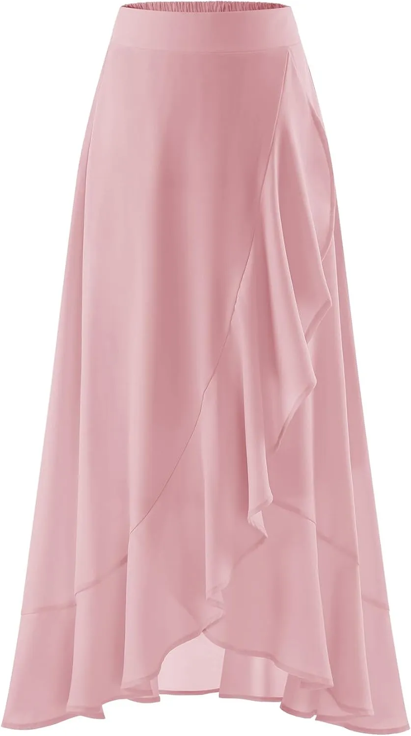 Women Midi Skirt Ruffle 2025 Summer Skirts Flowy Elastic Waist Chiffon Casual Split Long Skirt with Lining