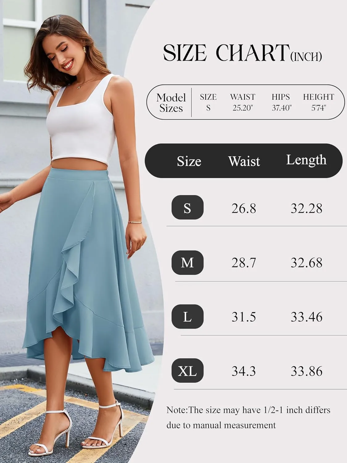 Women Midi Skirt Ruffle 2025 Summer Skirts Flowy Elastic Waist Chiffon Casual Split Long Skirt with Lining