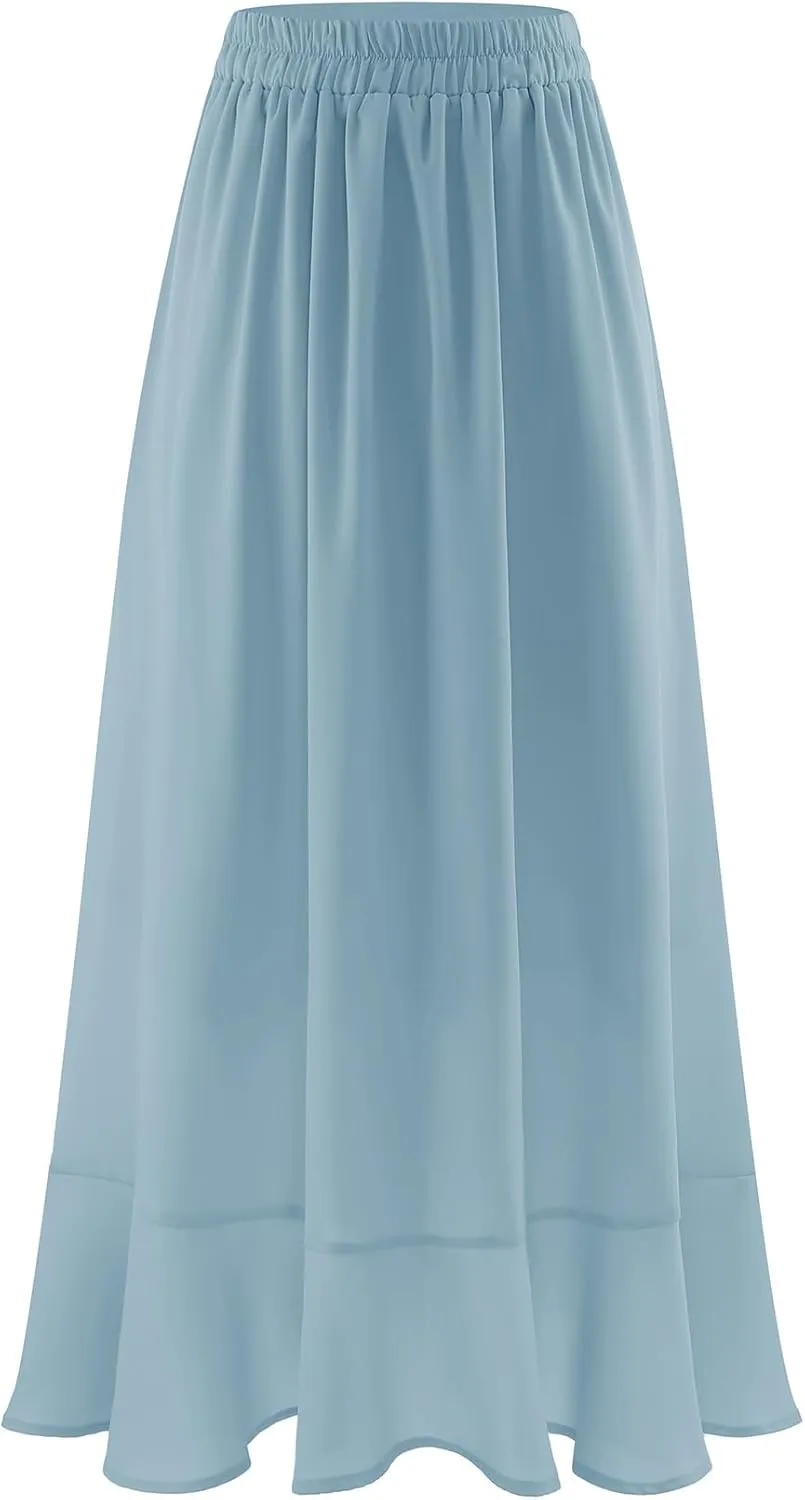 Women Midi Skirt Ruffle 2025 Summer Skirts Flowy Elastic Waist Chiffon Casual Split Long Skirt with Lining