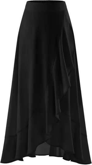 Women Midi Skirt Ruffle 2025 Summer Skirts Flowy Elastic Waist Chiffon Casual Split Long Skirt with Lining