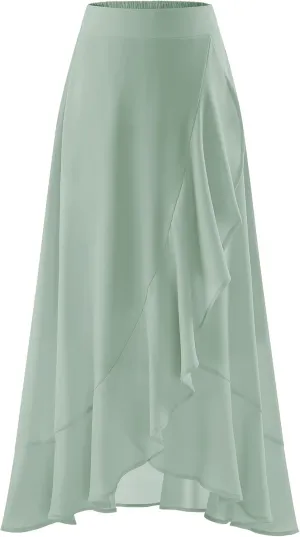 Women Midi Skirt Ruffle 2025 Summer Skirts Flowy Elastic Waist Chiffon Casual Split Long Skirt with Lining