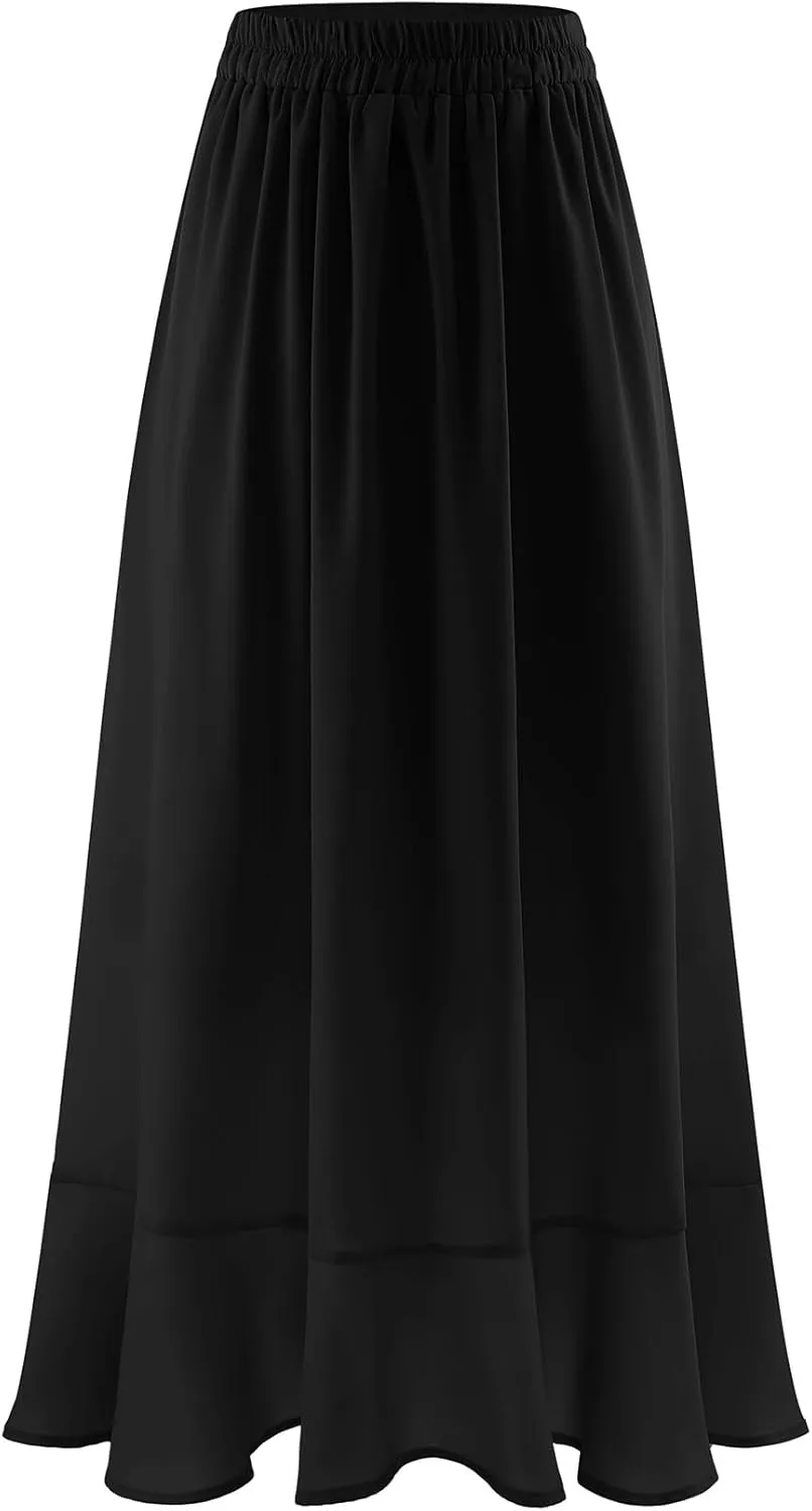 Women Midi Skirt Ruffle 2025 Summer Skirts Flowy Elastic Waist Chiffon Casual Split Long Skirt with Lining