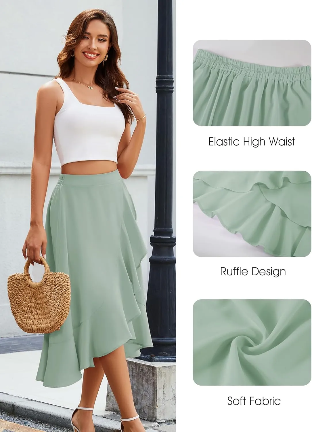 Women Midi Skirt Ruffle 2025 Summer Skirts Flowy Elastic Waist Chiffon Casual Split Long Skirt with Lining