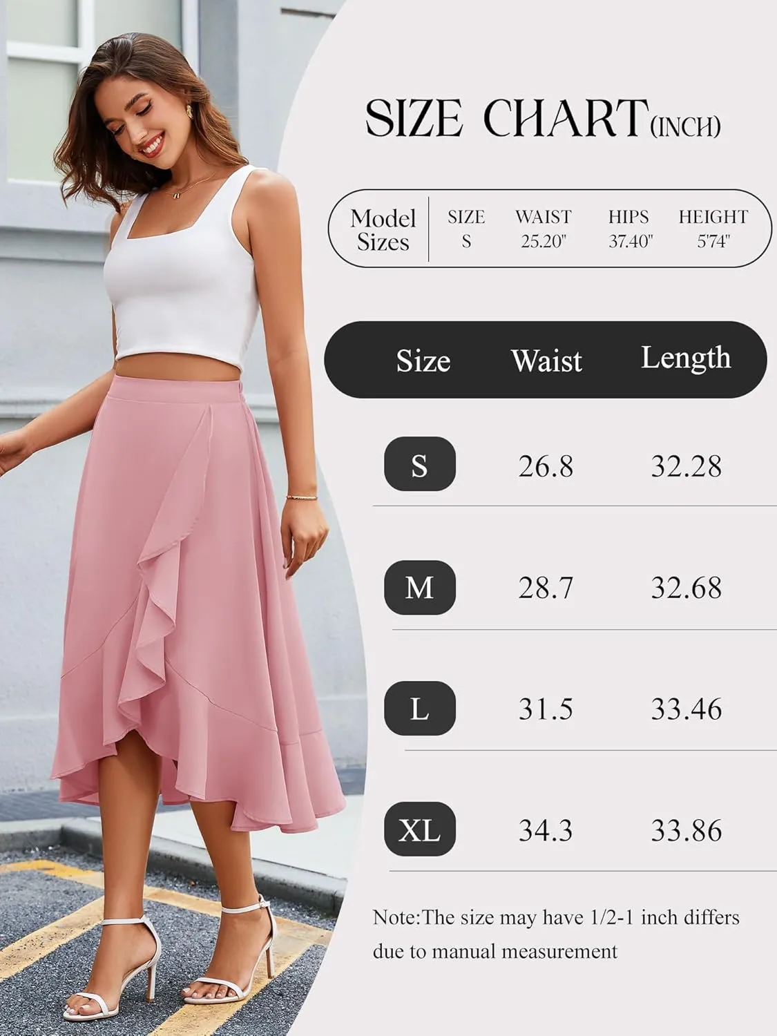 Women Midi Skirt Ruffle 2025 Summer Skirts Flowy Elastic Waist Chiffon Casual Split Long Skirt with Lining