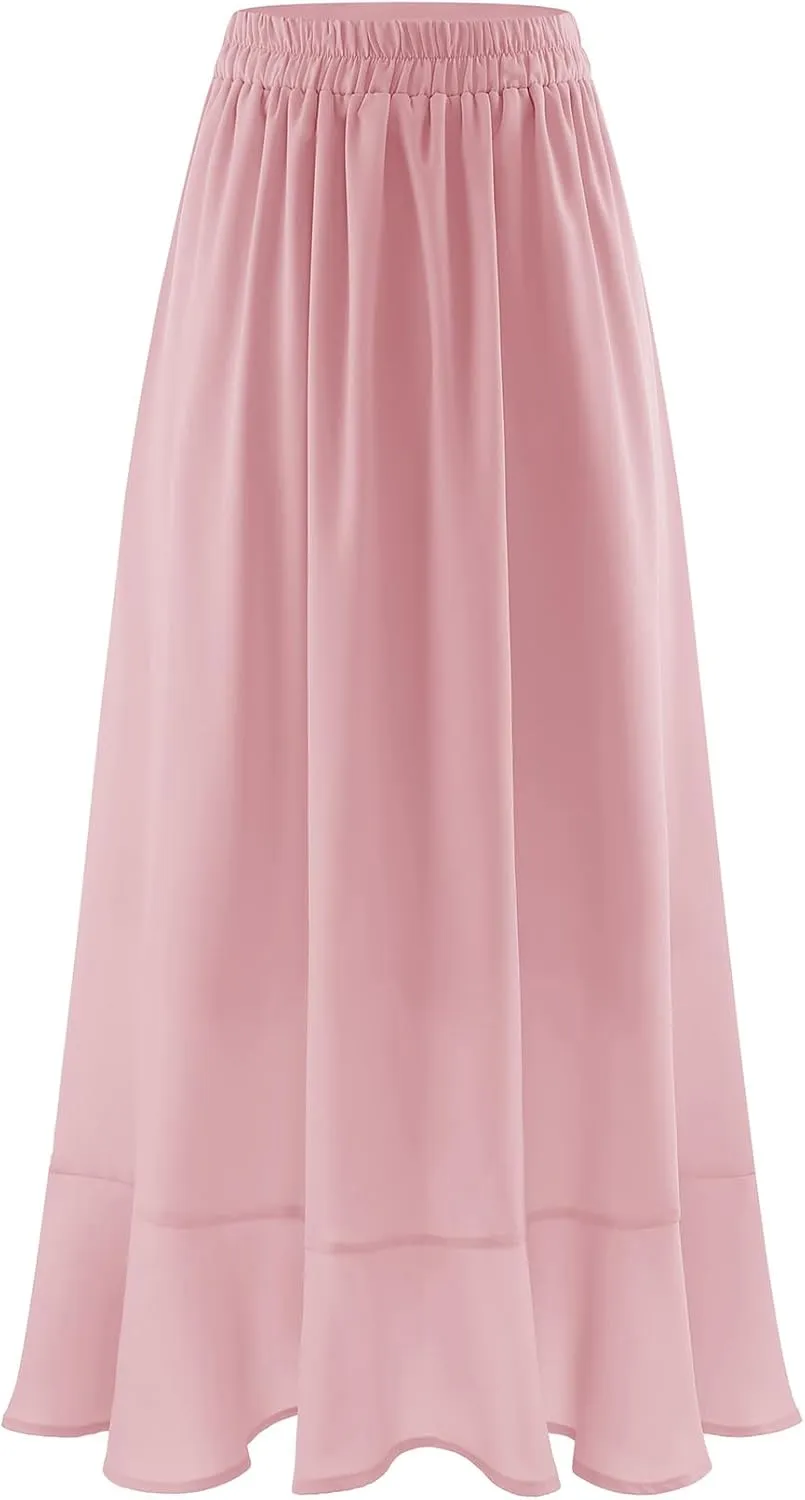 Women Midi Skirt Ruffle 2025 Summer Skirts Flowy Elastic Waist Chiffon Casual Split Long Skirt with Lining