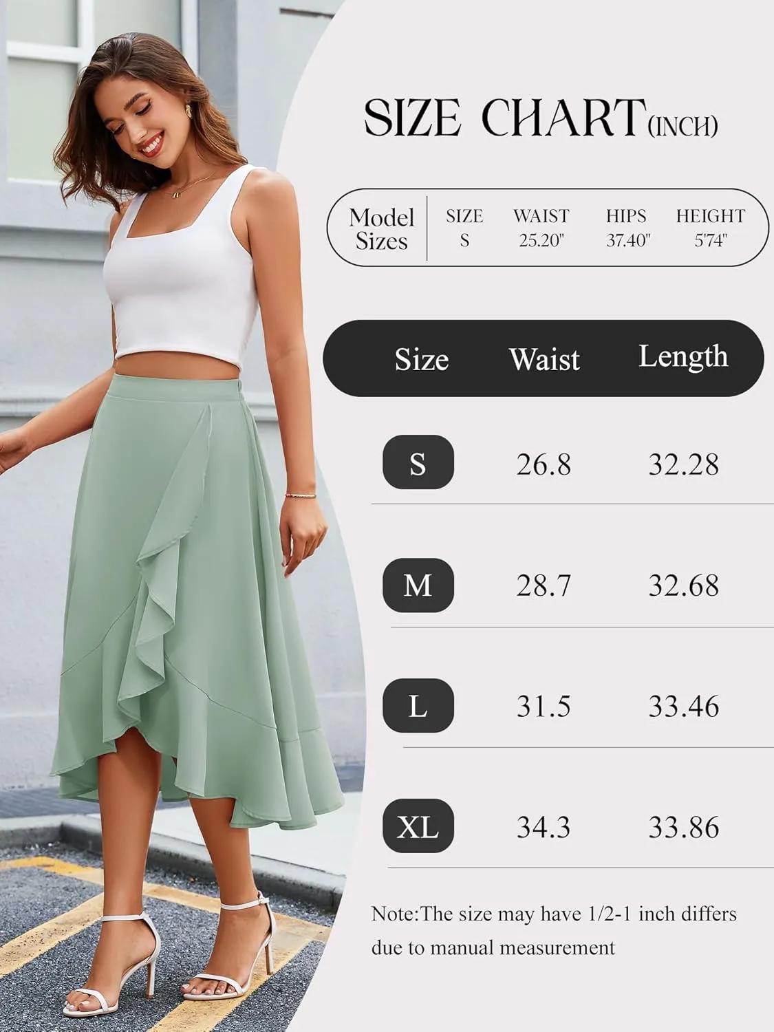 Women Midi Skirt Ruffle 2025 Summer Skirts Flowy Elastic Waist Chiffon Casual Split Long Skirt with Lining