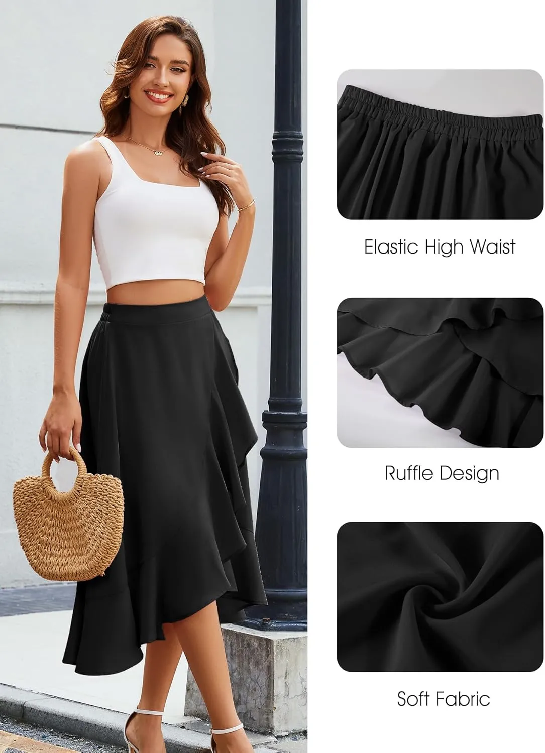 Women Midi Skirt Ruffle 2025 Summer Skirts Flowy Elastic Waist Chiffon Casual Split Long Skirt with Lining