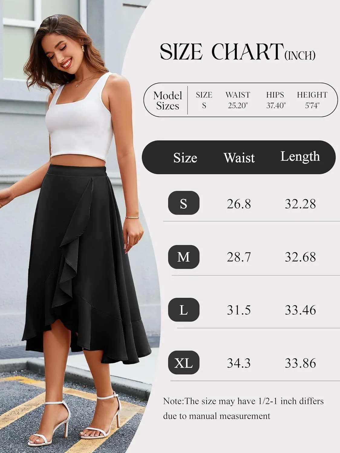 Women Midi Skirt Ruffle 2025 Summer Skirts Flowy Elastic Waist Chiffon Casual Split Long Skirt with Lining
