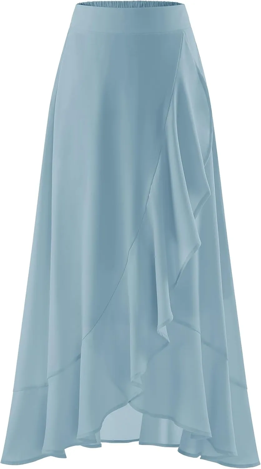 Women Midi Skirt Ruffle 2025 Summer Skirts Flowy Elastic Waist Chiffon Casual Split Long Skirt with Lining